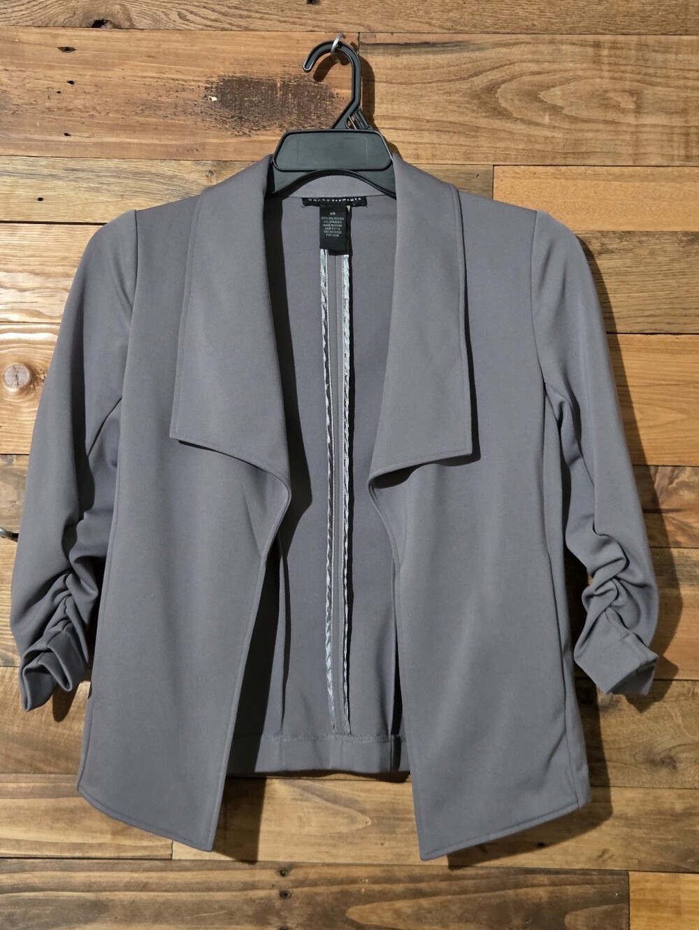 Ruched Sleeve Strech Open Front Blazer Jacket Sz XS Sleeve Gray Office Career